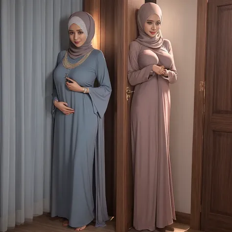 28 Years old, Indonesian mature woman, wearing Hijab, perfect body, Full body, natural Gigantic mature breast, Hard Nipple Erection, gorgeous eyes, Soft smile, wear a Gamis, Tight Bra, Heart necklace, Breast about to burst Out, Nightime, Excellent light, D...