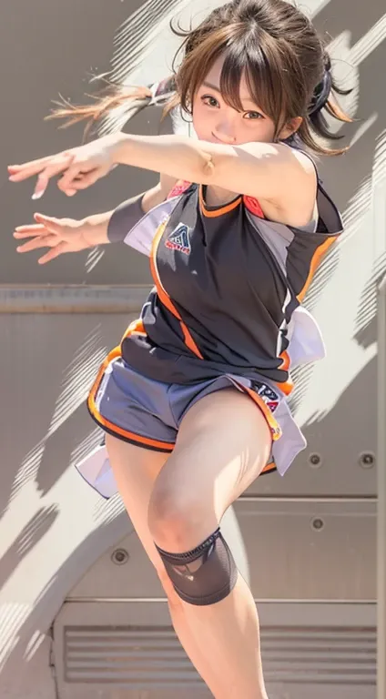 Raise your hand Maki Horikita Beautiful girl Junior high school student Smile Brown hair Track and field Short stature Small breasts Short hair White tank top Beautiful legs Navel exposed Track and field Very messy hair Strong wind During a competition Ser...