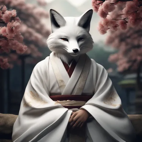 alone, masterpiece, highest quality, very detailed, eye for detail,fox human with white face, God, Wearing a white sacred Japanese yukata,  