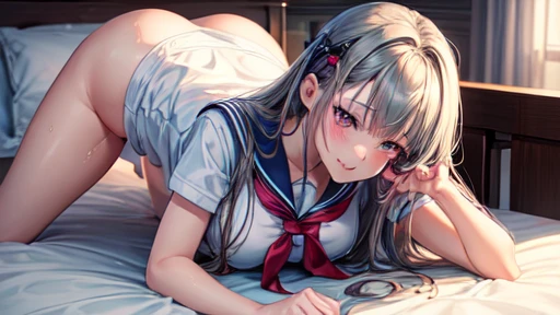 ((best quality)), ((masterpiece)), (detailed), perfect face hypersexualized ero h-anime babe in sailor  uniform bending over the bed squatting down Crawling to the pillows with bootey raised legs being spread apart as I thrust into her lovely bootey bung-h...