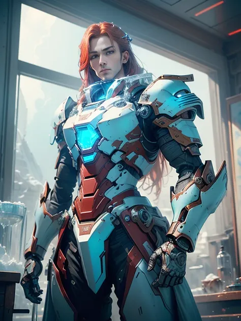 Photorealistic image ((Masterpiece)), ((high quality)) UHD 8K, of a beautiful, slim and realistic mecha transforming Robot, (medium chest), (skinny waist), (long red hair), (blue eyes), ((Hyper-realistic mecha armor, with red metal and intricate ice blue l...