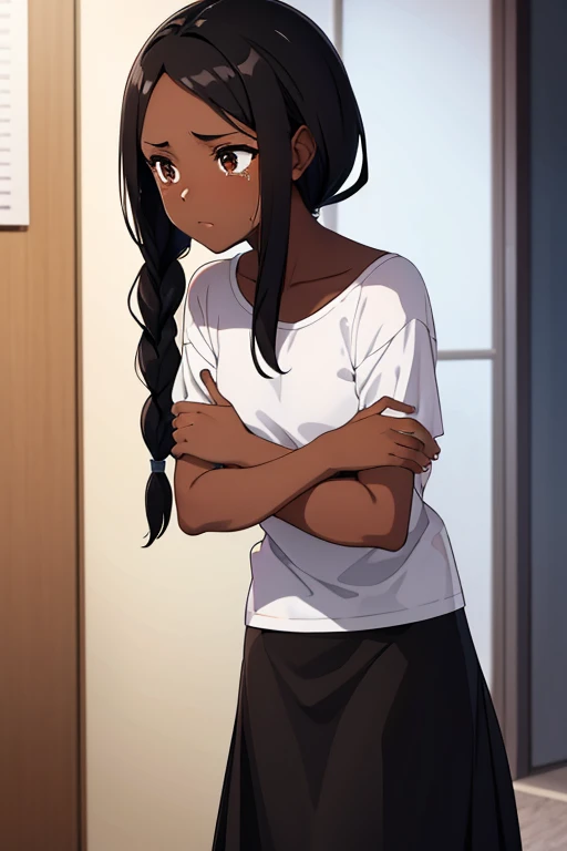 Low, dark-skinned girl with black braided hair, brown eyes in a long white T-shirt, black skirt, crying