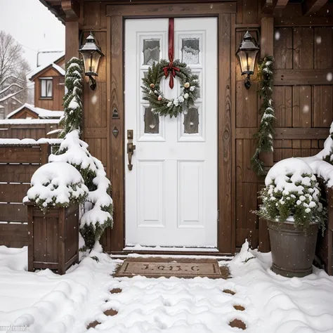 outdoor, home, garden, shaining walllamp, afternoon, entrance, door, window, north country, hortensien, buxbaum, winter, snow