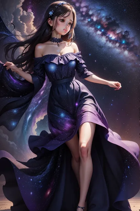 Girl wearing starry dress, The Milky Way stretches to the horizon,Elegant twirl in long skirt,deep indigo and violet shades, A feeling of wonder and vastness of the universe, illustration, oil painting on canvas, 