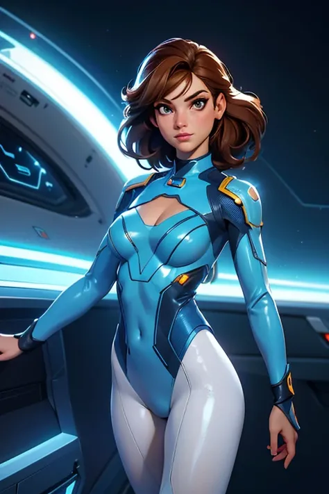 Best quality, 8K, vivid color, woman retro futurism, static pose, looking to observer, brown hair, long eyelashes, light blue shiny leotard, cleavage, metalic details, light pantyhose, neutral sci-fi white spaceship scenario