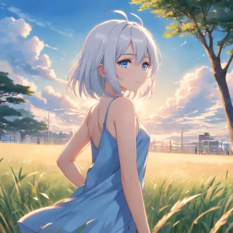 Woman with long white hair and blue eyes standing on the grass，Anime visuals of cute girls, white hair girl, perfect gray haired girl, White-haired God, white hair, fleet collection style, Anime Cloud, 年轻的anime girl, Anime cute art style, anime best girls,...