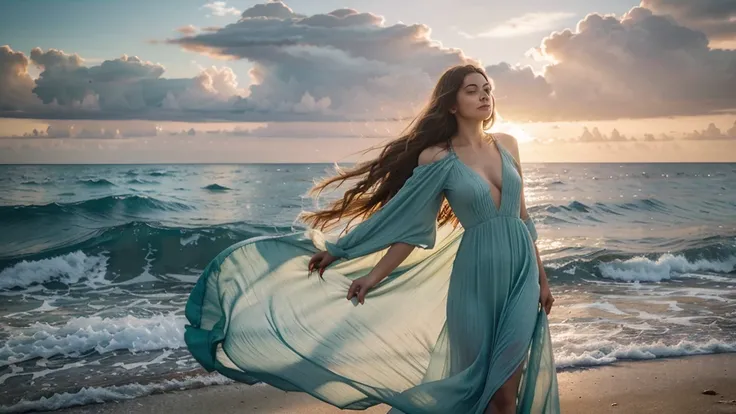 A woman on a serene beach at sunset. She has long flowing hair and is wearing a flowing dress that catches the light of the setting sun, giving her a translucent, almost ghostly quality and revealing glimpses of her shapely form. The dress trails majestica...