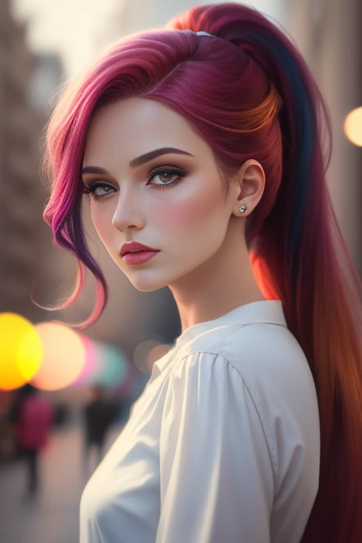 multicolored hair, shiny hair, high ponytail, parted lips, full blush, Cubism, cinematic lighting, depth of field, from below, bokeh, f/1.8, 135mm, masterpiece, textured skin, high quality, 4K