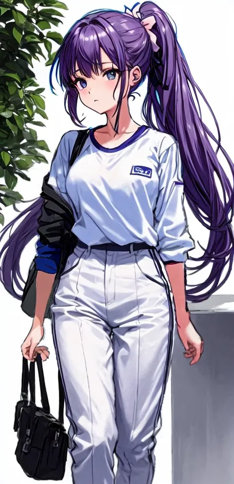 Her long wisteria purple hair is tied into a ponytail with a pale pink ribbon.、Beautiful woman with mature features.。white gym uniform。navy blue pants type bloomers。