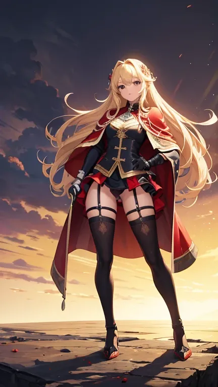 Create a perfect masterpiece, perfectly detailed in 8k full hd quality, full body, of a beautiful girl, long blonde hair, black eyes, medium breasts, erotic look, female knight, mini medieval  armor, red cape, crotch armor plate, anal plug, bracers, armor ...