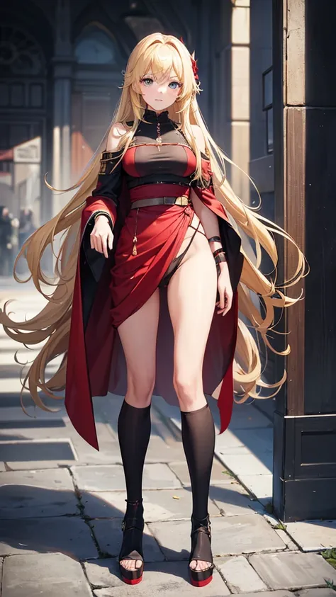 Create a perfect masterpiece, perfectly detailed in 8k full hd quality, full body, of a beautiful girl, long blonde hair, black eyes, medium breasts, erotic look, female knight, mini medieval  armor, red cape, crotch armor plate, anal plug, bracers, armor ...