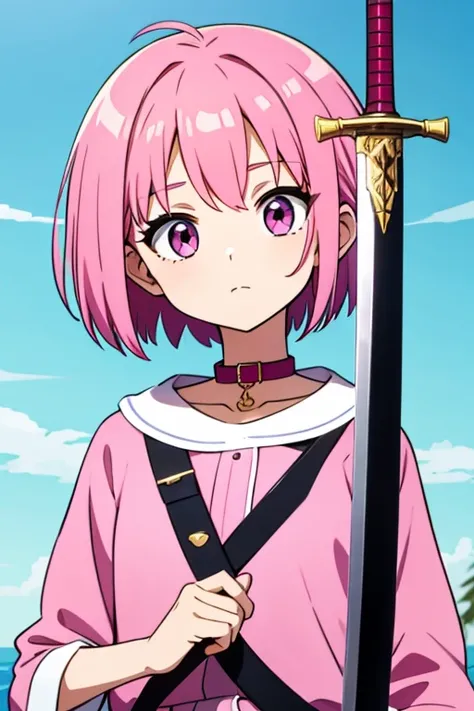 Short girl with pink hair, With collar, with a sword