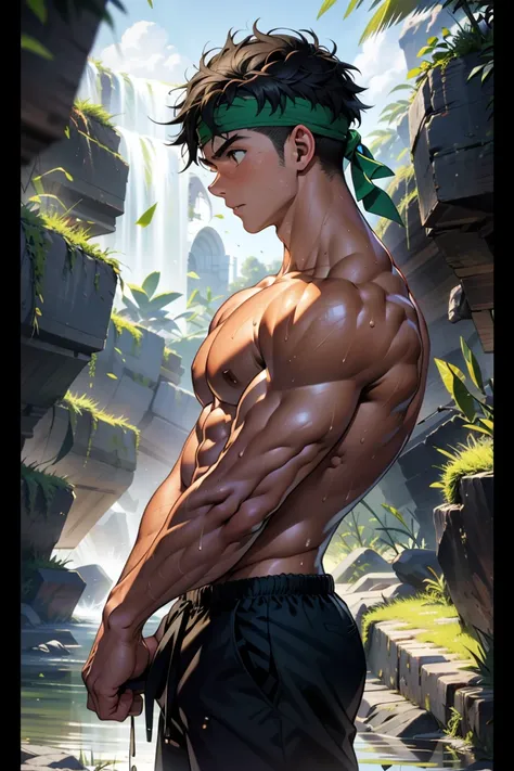 (Masterpiece, Best quality, 18 year old boy, 8k, ultra-detailed, (bust shot)), (from side below, looking away, worm eyes, thin lips), (1 boy, solo), Young, (teenager), (Dark Short straight hair, under cut, black eyes), Shirtless, topless, (torn Green headb...