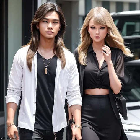 A handsome 25 year old Indonesian young man(undercut hair) takes a photo with Taylor Swift (long hair)