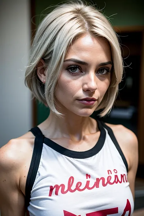 Mulher de 35 anos espanhola, bonita. Cabelo cor silver, na altura do ombro corte de cabelo moderno. Encorpada vestindo camiseta preta.