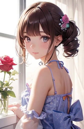 cute　girl　costume with real flowers　The background is also full of real flowers.　Highest image quality　Precision　fantasy　Colorful　Rose　Mr.々flower　　camisole　The hairstyle is short cut　young expression