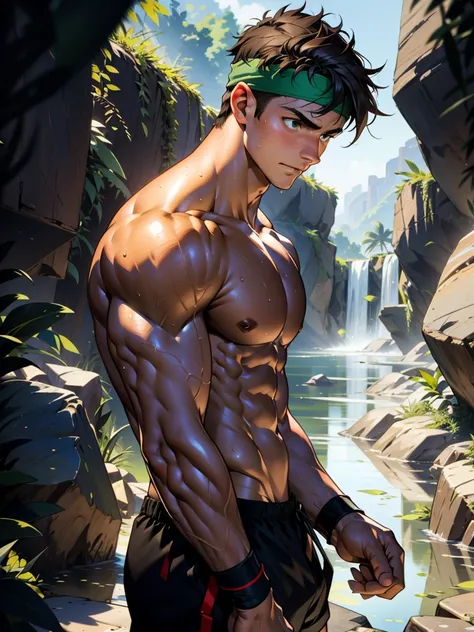 (Masterpiece, Best quality, 18 year old boy, 8k, ultra-detailed, (bust shot)), (from side, looking away, worm eyes, thin lips), (1 boy, solo), Young, (teenager), (Dark Short straight hair, under cut, black eyes), Shirtless, topless, (Green headband, Black ...