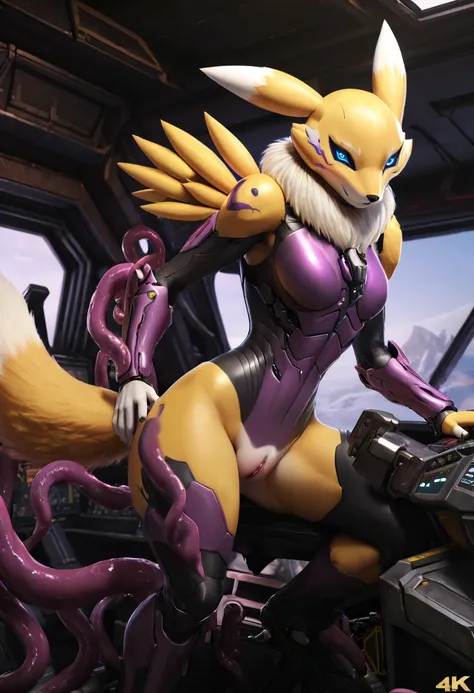 4K，real，NSFW，female beastman and mecha，Details of female beastman(full body concept art，fluffy fox tail，Riding in the cockpit of a mecha，Equipped with Renamon type tight full body suit and Renamon type full face helmet.，Pussy fucked with dick tentacles，The...