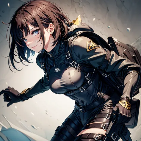 (masterpiece、highest quality、highest resolution、clear_image、detailed details): (whole body、18 year old female fighter，Slender、small face、black super bob short hair、Shiny black tight combat uniform，tight suit、Gentle smile、Backpack)