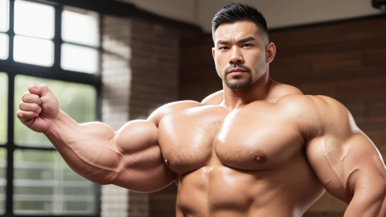 (Highly detailed 8K wallpaper), asian man, muscle worship, fold your arms, On the playground, baseball uniform, high detail, very short hair, skin head, Circular cut, very large and strong body, bulging muscles, muscular, very large pectoral muscles. Very ...