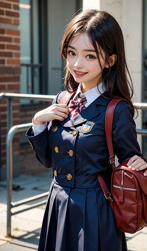 young girl, Red Primary School Backpack, cute uniform, Guts pose,happy smile