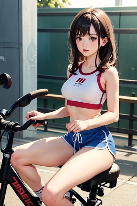 a girl sitting on gym cycle saddle cushion, dolphin shorts,
