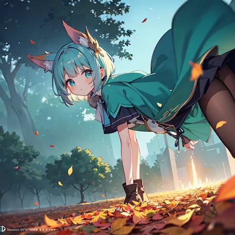 (high detail:1.2)anime girl,(cinematic lighting,delicate color),(fallen leaves:1.2), calm lighting, wind, fog. turquoise, delta ...