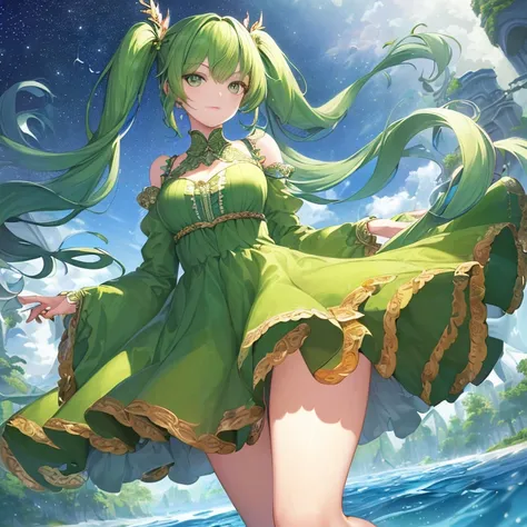 (((masterpiece))),(((bestquality))),((ultra-detailed)),(illustration),((anextremelydelicateandbeautiful)),dynamicangle,floating,(beautifuldetailedeyes),(detailedlight) (1girl), solo , floating_hair,glowingeyes,green hair,greeneyes, twintails, halterdress, ...