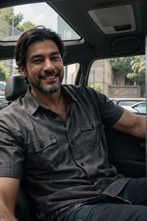 A very attractive mature gray-black haired man with a black beard smiling at the camera sitting inside a car driving in the foreground and is wearing a short plaid shirt and is very hairy on his arms and chest, Strong complexion