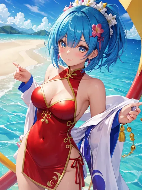 masterpiece, highest quality, 超detailed,Rem,Re Zero, 1 girl, (20-year-old),smile, blue hair, blue and yellow eyes,short hair,cheongsam clothing,Kung Fu Stance,Battle Pose,overmatch,Sunburn mark,,latex, shiny, (masterpiece), (highest quality), (超detailed), ...