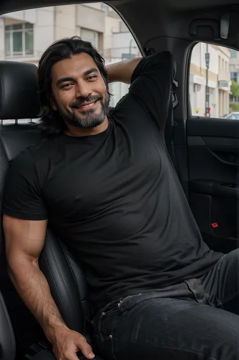 A very attractive mature gray-black haired man with a black beard smiling at the camera sitting inside a car driving in the foreground and wearing a black shirt, es muy velludo en los brazos y en el pecho, strong and muscular build