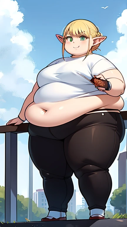 ((Masterpiece)), 1 solo girl, fat erufuda, short hair, pointy ears, obese elf, blonde hair, (green eyes:1.5), braid, ((Perfect body)), smile, hot, thick thighs, very cute, 4K