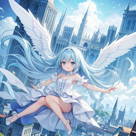 high quality,Falling Girl,perfect anatomy,air,light blue hair,white dress,wing,A European-style city on a distant land