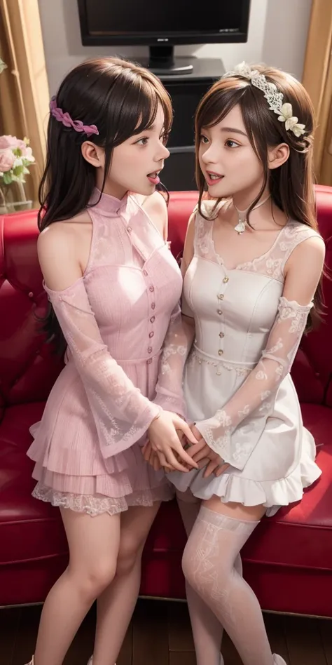 two women in dresses standing next to each other in front of a tv, pov, two girls, annoying sister vibes, lesbians, cute girls, ...