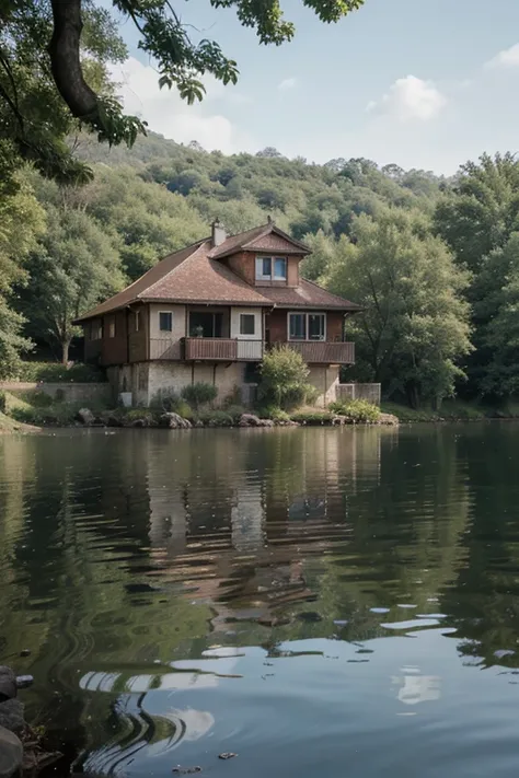 a house with green scenery and lake illustration art