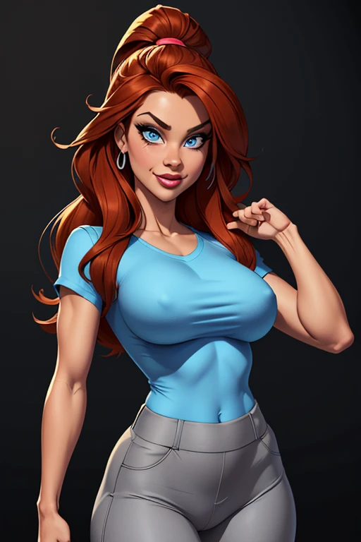 (cartoon style:1.2), Drawings of ([Sports Woman]), wearing blue shirts, grey Pants, perfect eyes, detailed face, black background, fun posing, flirty look, Centered, scale to fit the dimensions