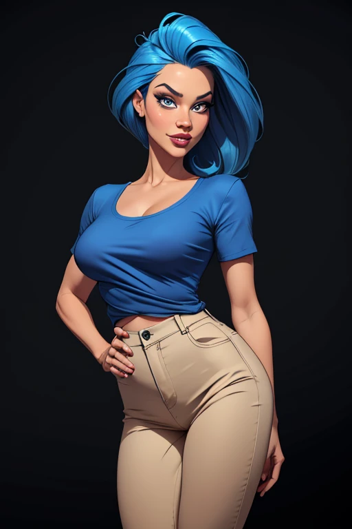 (cartoon style:1.2), Drawings of ([Woman]), wearing blue shirts, loose Pants, perfect eyes, detailed face, black background, fun posing, flirty look, Centered, scale to fit the dimensions