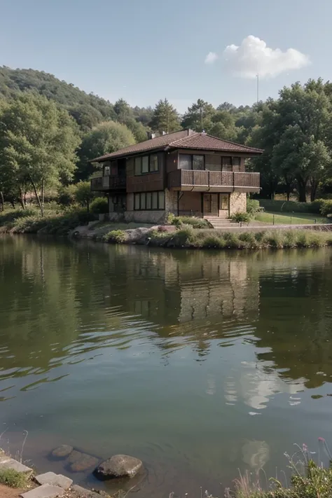 an exquisite house with green scenery and lake realistic texture