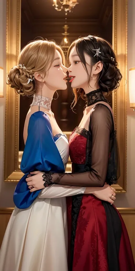 two women in dresses standing next to each other in front of a tv, pov, two girls, annoying sister vibes, lesbians, cute girls, gen z, looking this way, pov shot, two models in the frame, sisters, hd, they are very serious, lesbian, multiple, 2 sisters loo...