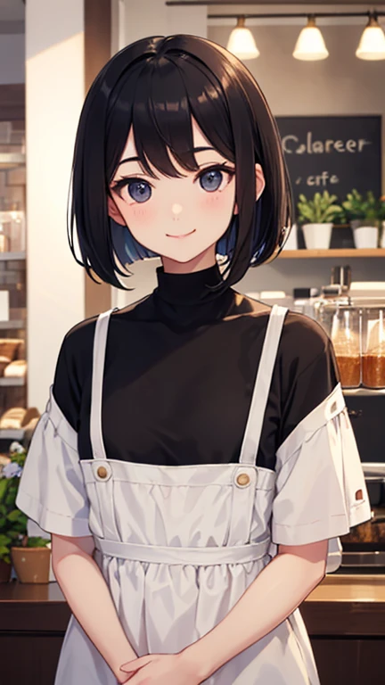 smile,145cm, , small, baby face, young, Lovely, part-time job at a cafe, cafe costumes, black hair, bob, Fair skin, Are standing, front, looking here, good eyes, Holding nothing in your hands, (upper body shot:1.5), masterpiece, highest quality, super fine...