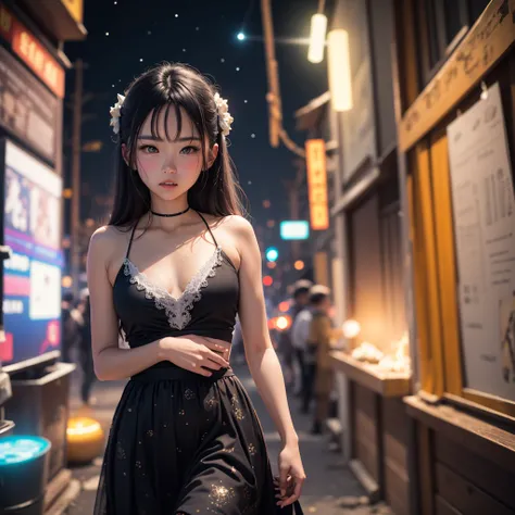 masterpiece, best quality, 8k,galaxy/starry sky adorns long skirt，Asian, fantasy world, cosmic, Award-winning, alone, night, neon, SLR camera, complicated, Normal, ethereal lights, ingenious, Enlightenment, Be awakened, Profound, fantasy, Energy field, pro...