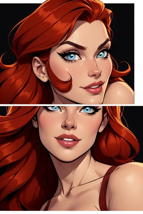 (cartoon style:1.2), Drawings of ([Red Sonja]), perfect eyes, detailed face, black background, fun posing, flirty look, Centered, scale to fit the dimensions