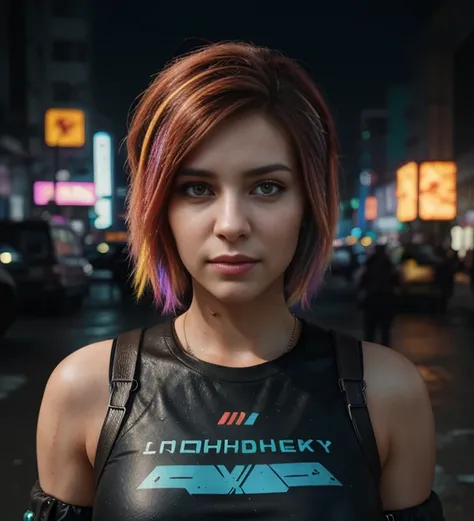 (photorealistic:1.4) The image of a cyberpunk girl, (top quality, 8K, 32K, masterpiece), (dynamic pose), ((front camera)), (looking at the camera), cowboy shot, Shapeless hair, multicolored hair, Colorful cyberpunk clothes, Depth of field F/1.8, Cyberpunk ...