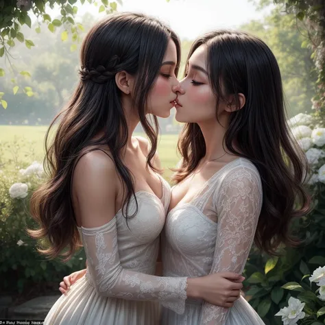 (blurred edges:0.9, dreamlike, romantic) two beautiful girls passionately embracing each other in a garden setting. Their eyes are filled with love and desire as they explore the depths of their affection. (soft-focus) The scene is bathed in warm, golden s...