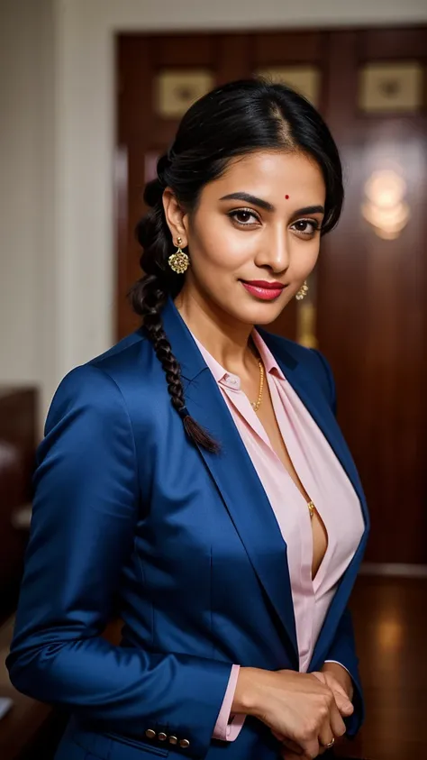 create a hyper realistic vertical photo of Indian most attractive woman flirty gaze in her 40s, blue suit,  trending on art station, portrait, digital art, modern, sleek, highly detailed, formal, determined, CEO, colorized, smooth, charming, pretty, soft s...