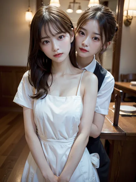 8K, top quality, table top:1.2), (realistic, Photoreal:1.37), top quality, table top, beautiful young woman, pensive expression, gentle eyes, Apron naked、Lovers、tie hair back, Messy mood, movie background,  pale skin