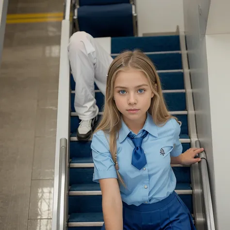 Blue-eyed blonde girl in school uniform, subiendo escaleras falda corta, Small, 10 year old girl, hermosa, cuerpo completo, subiendo escaleras para abordar avion, de la mano junto a su madre, 13-year-old female, atractiva, sexy, agachada