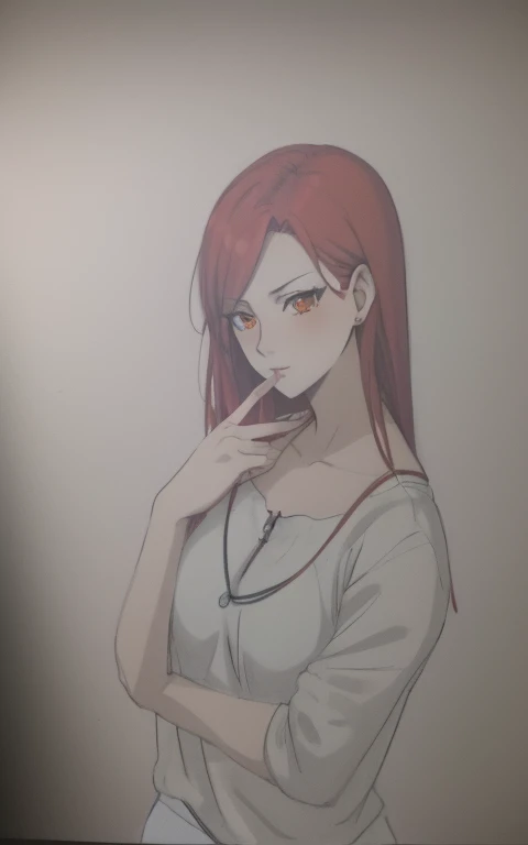 Drawing of a woman with red hair and orange eyes, anime style肖像, 一个Anime girl portrait, bust portrait,anime style, An anime picture, bust, anime portrait, casual gesture, thoughtful gesture, Anime girl portrait，high quality