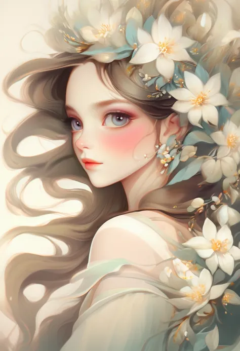 Painting of a woman with long hair and white flowers in her hair, beautiful digital illustrations, Beautiful artwork illustration, amazing digital illustrations, beautiful digital artwork, Inspired by Anna Dittman, amazing digital art, exquisite digital il...