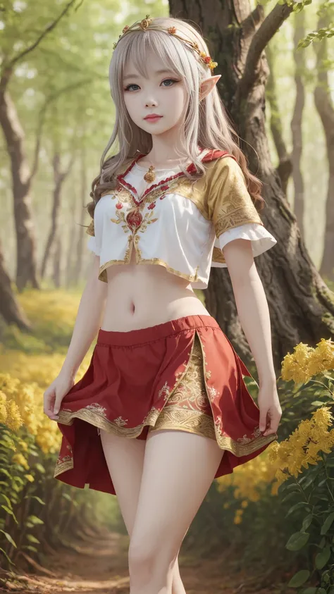 Beautiful white elf princess，Wearing a short red skirt，embroidered with golden flowers，exposed abdomen，Live-action texture，Delicate picture quality，Ultra HD resolution，The background is a sunny forest。Three-dimensional super texture